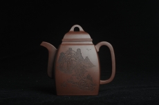 紫砂壶图片:全手工精致汉方壶 装饰山水 特文气 - 全手工紫砂壶网
