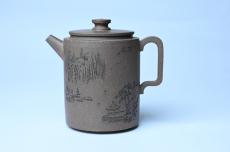 紫砂壶图片:美壶特惠 蠡墅大水潭深井老天青泥 精致圆础壶 装饰山水 茶人醉爱 - 美壶网