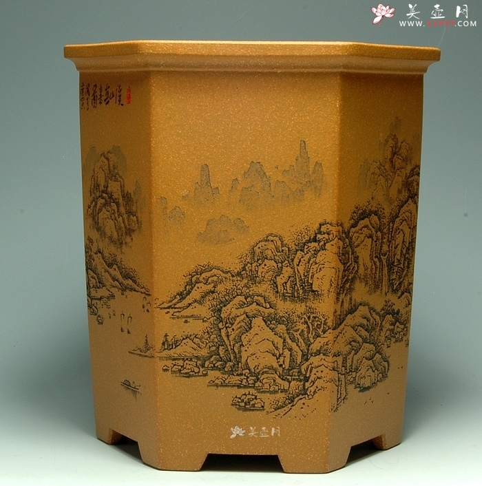 紫砂壶图片：山水六方笔筒 - 宜兴紫砂壶网