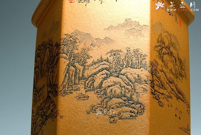 紫砂壶图片：山水六方笔筒 - 宜兴紫砂壶网