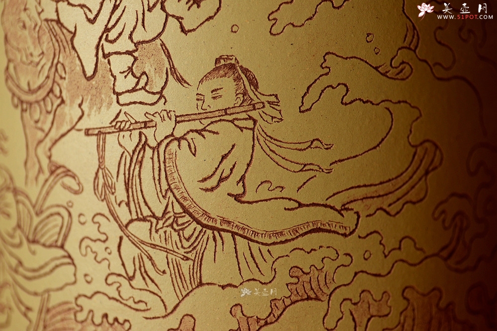 紫砂壶图片：八仙过海 各显神通 张听刚笔筒 刀法精到细腻  - 宜兴紫砂壶网