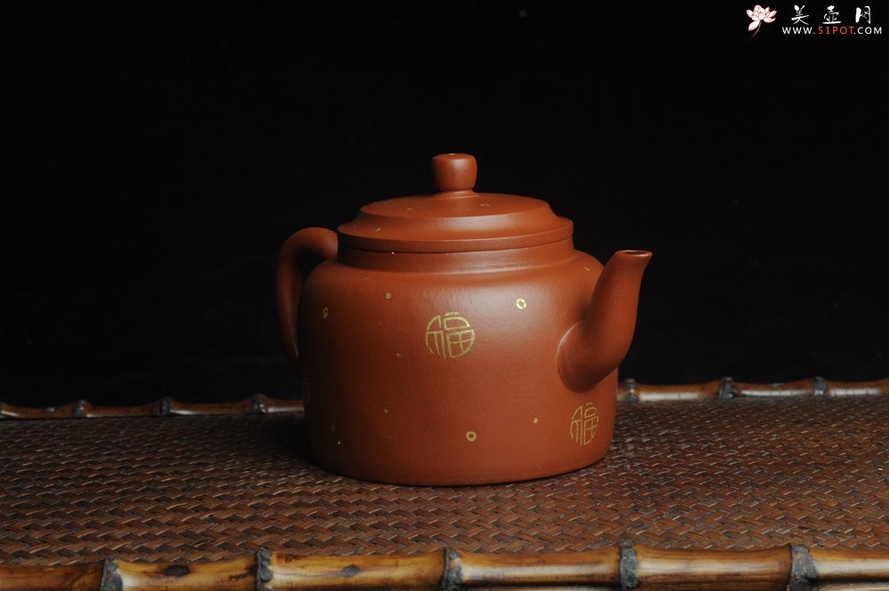 紫砂壶图片：特好朱泥全手工描金平盖古莲子 - 宜兴紫砂壶网