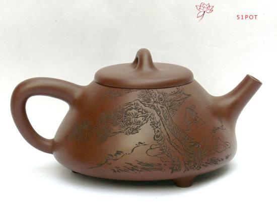 紫砂壶图片：石瓢（陶刻人物情趣） - 宜兴紫砂壶网
