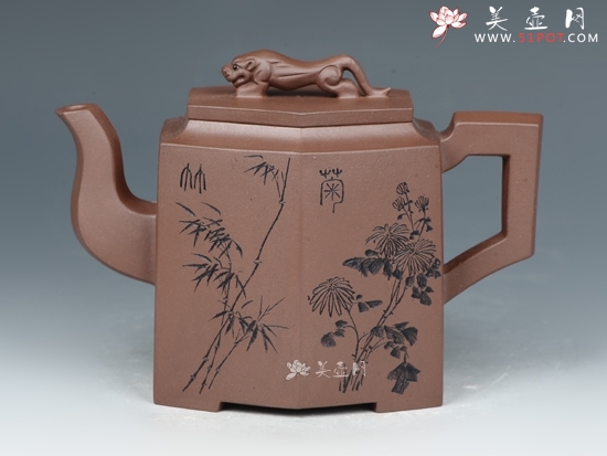 紫砂壶图片：高狮六方  黄龙山老紫泥  380cc - 宜兴紫砂壶网