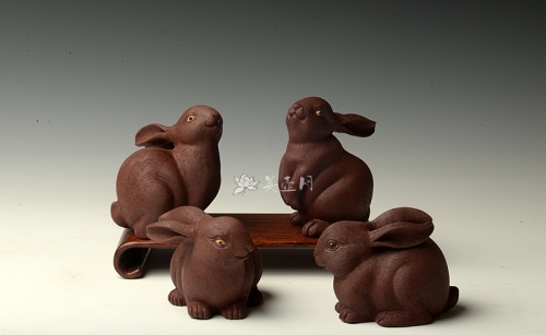 美壶定制紫砂壶 神态细腻 精品茶宠 栩栩如生 精制版的拉毛兔兔一套 原矿紫泥 - 美壶网