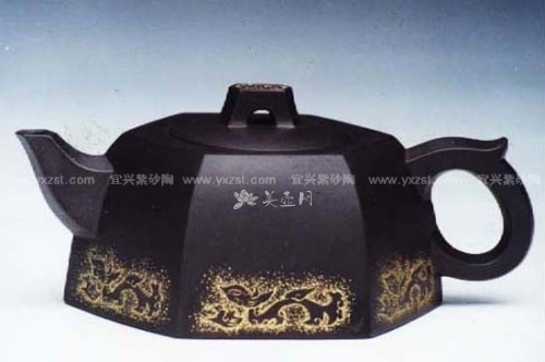 朱丹紫砂壶 龙喜六方壶  - 美壶网