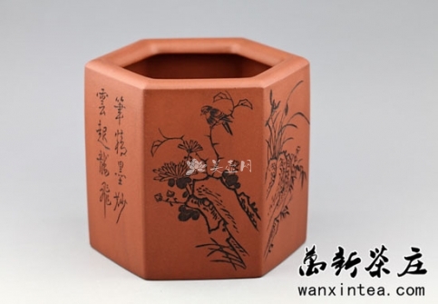 邵新和紫砂壶 [笔桶](雕刻花草）  - 美壶网