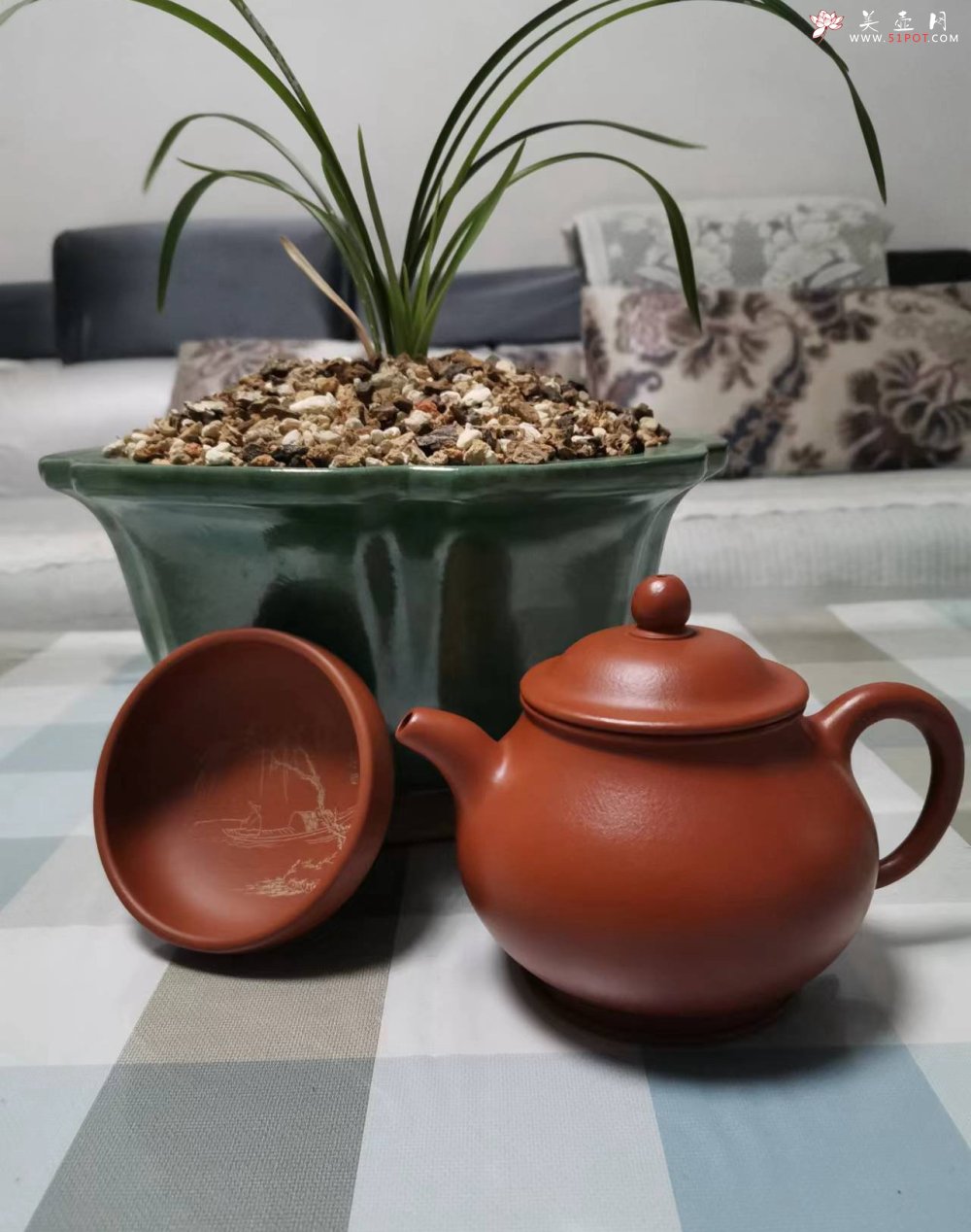 紫砂壶图片：壶友 藏壶共赏 紫砂壶朱泥潘壶与兰花欣赏 - 美壶网