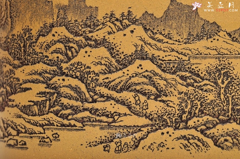 紫砂壶图片：清雅 古色山水 通景 四方水洗 - 美壶网