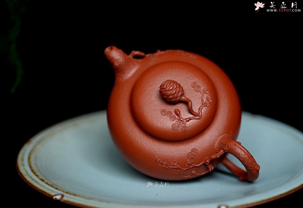 紫砂壶图片：蔡一强新品  实用花货 以松针装饰生动  朱泥 全手松韵壶 - 美壶网