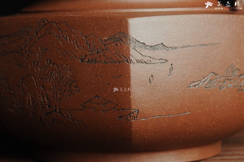 紫砂壶图片：美壶特惠 六方龙樽 刻绘山水 浑厚大气 - 美壶网