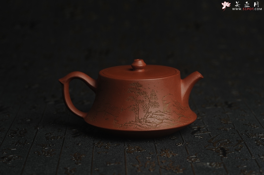 紫砂壶图片：美壶特惠 精致老清水泥通景山水曼生柱础壶 - 美壶网