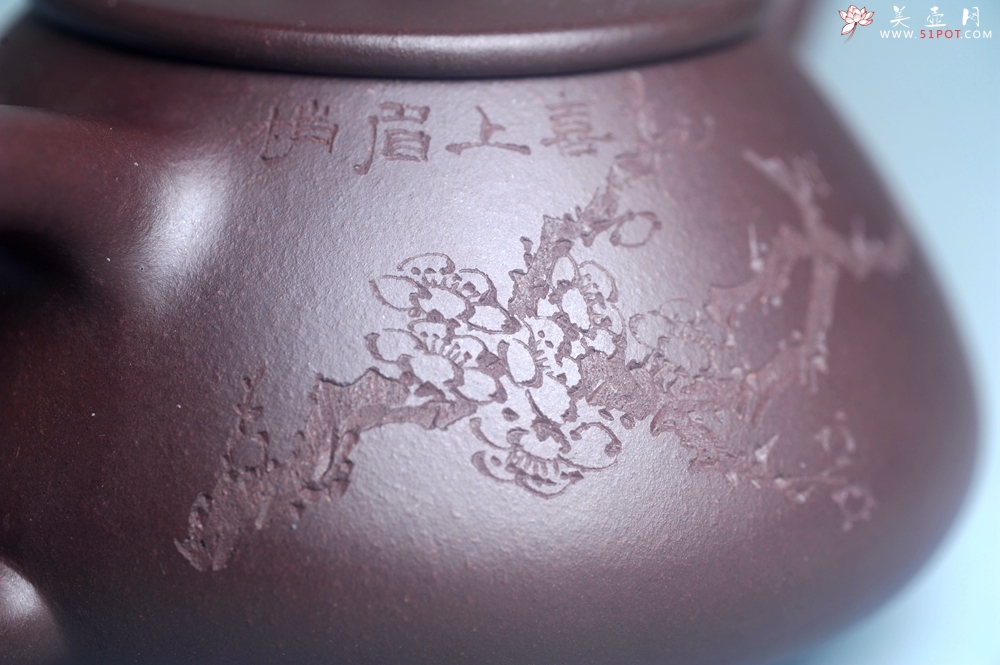 紫砂壶图片：油润底曹青 全手工石瓢壶 装饰喜上眉梢 特文气 - 美壶网