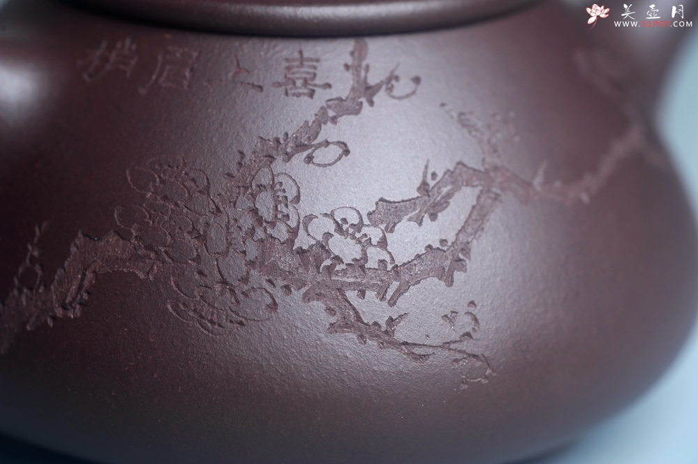 紫砂壶图片：油润底曹青 全手工石瓢壶 装饰喜上眉梢 特文气 - 美壶网