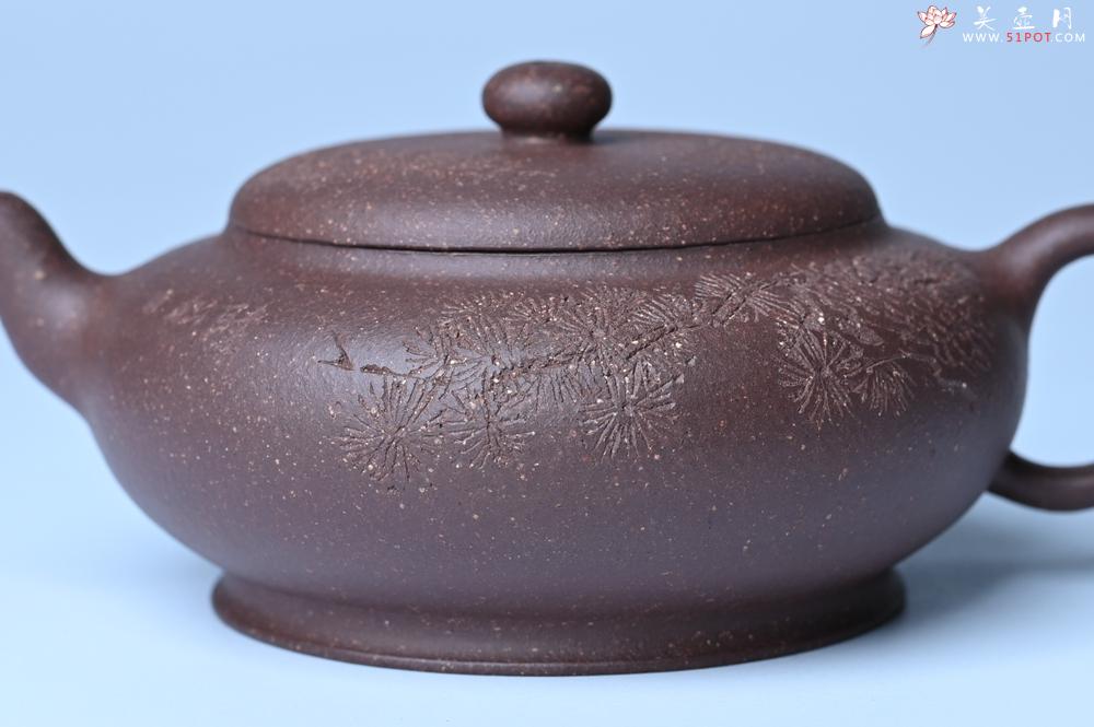 紫砂壶图片:美壶特惠 特好紫泥扁玉壶 装饰不老松 文气十足 - 美壶网