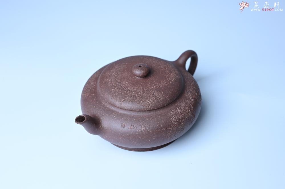 紫砂壶图片:美壶特惠 特好紫泥扁玉壶 装饰不老松 文气十足 - 美壶网