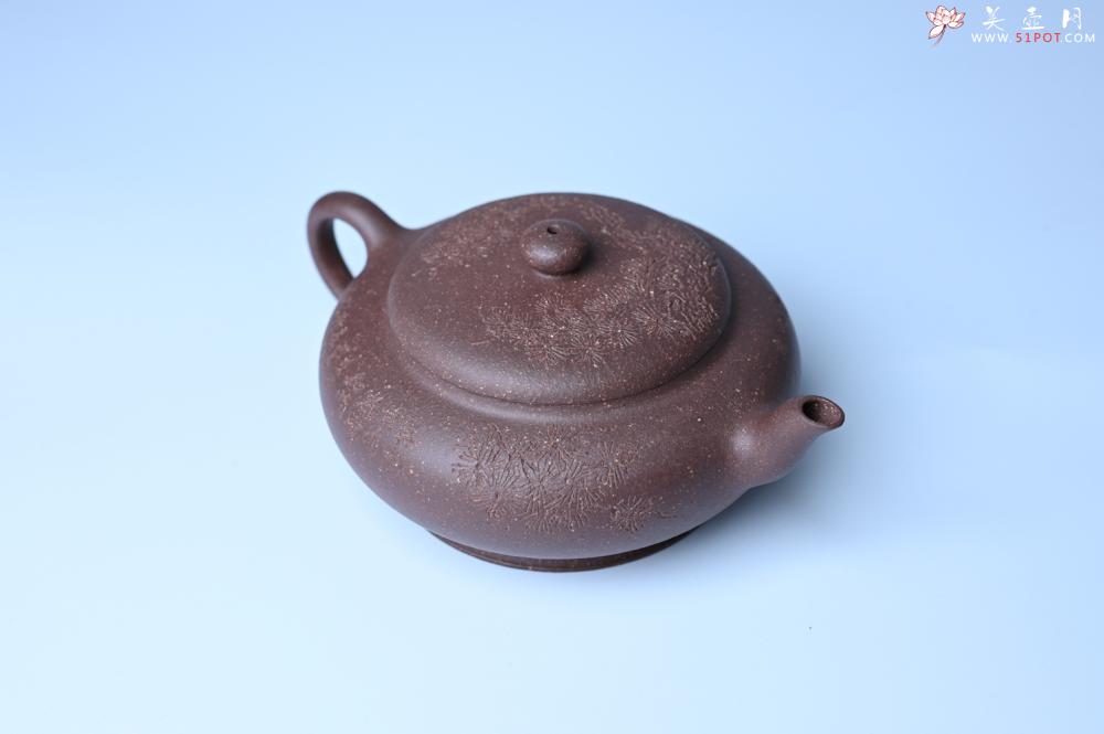紫砂壶图片:美壶特惠 特好紫泥扁玉壶 装饰不老松 文气十足 - 美壶网