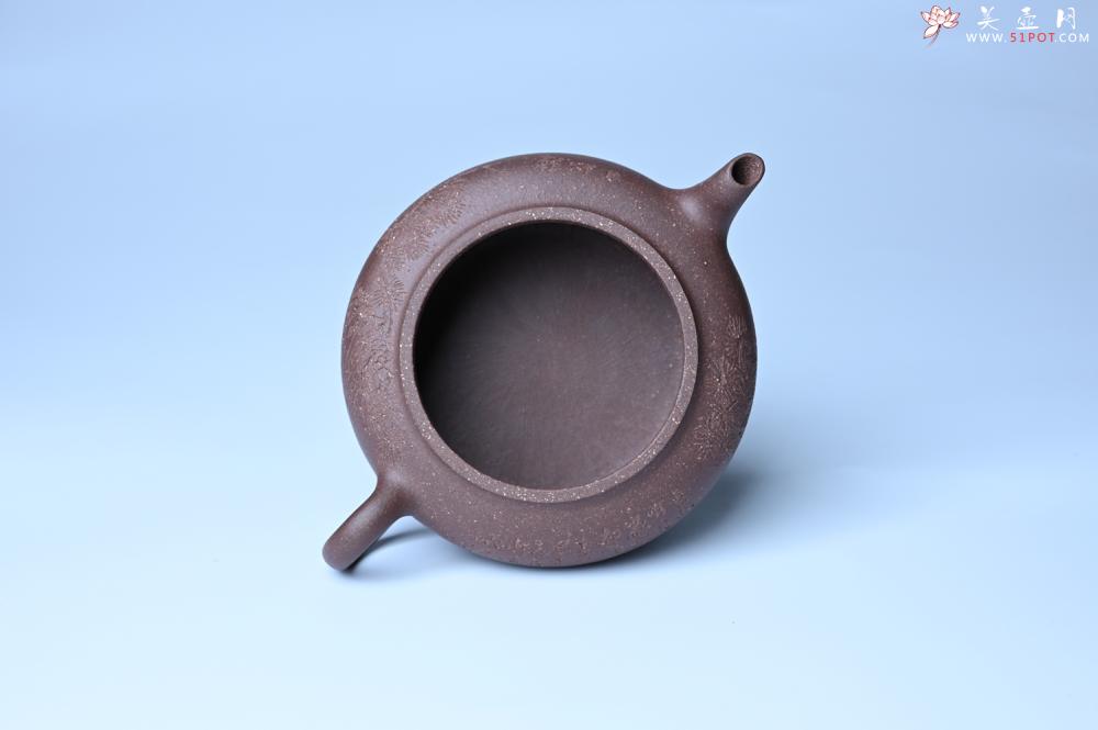 紫砂壶图片:美壶特惠 特好紫泥扁玉壶 装饰不老松 文气十足 - 美壶网