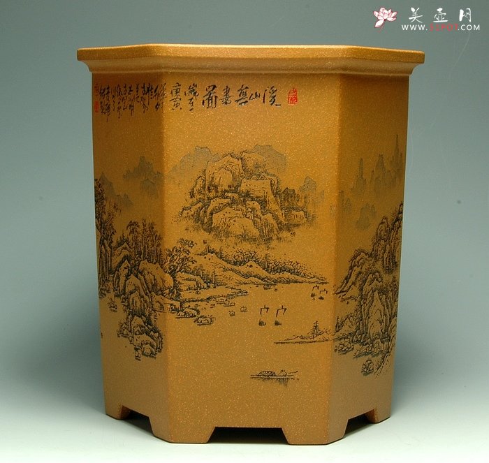 紫砂壶图片：山水六方笔筒 - 美壶网