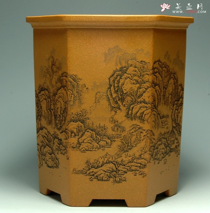 紫砂壶图片：山水六方笔筒 - 美壶网