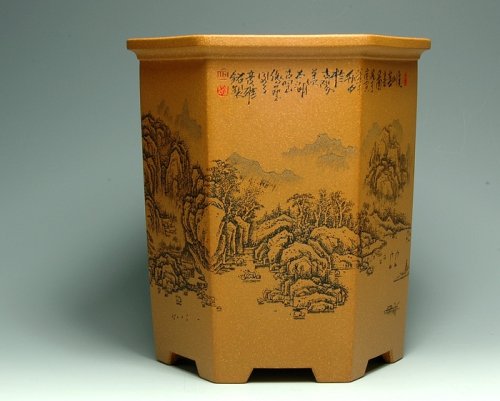 李彦雄紫砂壶 山水六方笔筒 黄金段