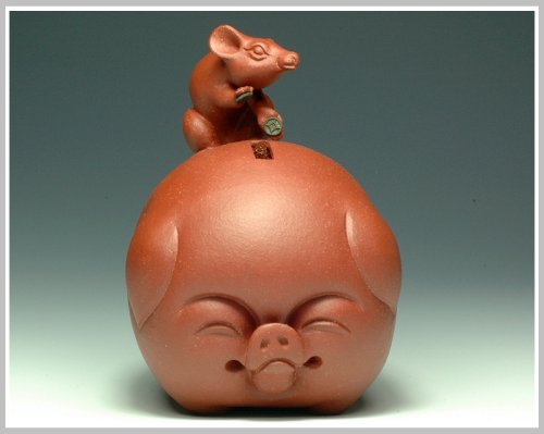 张爱成紫砂壶 鼠钱系列-鼠钱猪福 原矿红泥