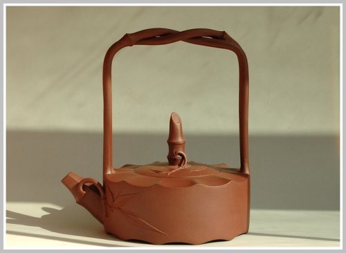 蔡一强紫砂壶 六方竹提梁 原矿紫泥