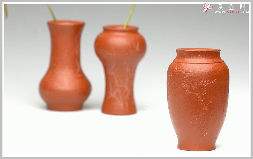 紫砂壶图片：全手朱泥雅致小鸟花瓶 - 美壶网