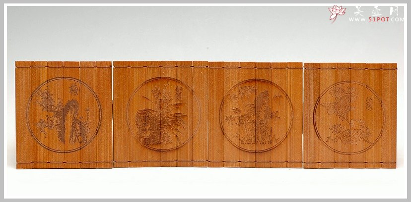 紫砂壶图片：竹雕梅兰竹菊杯垫 - 美壶网