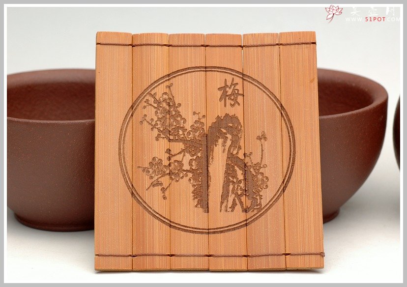 紫砂壶图片：竹雕梅兰竹菊杯垫 - 美壶网