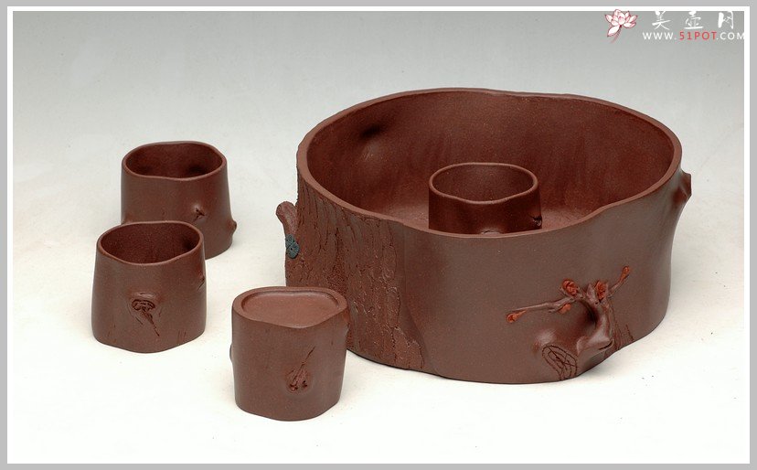 紫砂壶图片：全手松梅水洗杯子套组 - 美壶网