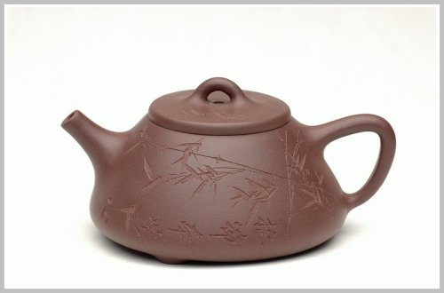 王余平紫砂壶 刻竹子冶石瓢 原矿紫泥