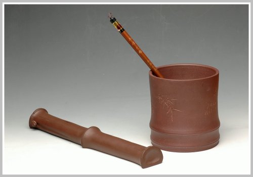 钱伟刚紫砂壶 竹梢微动觉风来  竹节笔筒 原矿紫泥