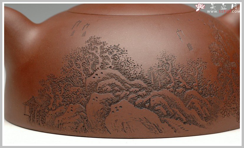 紫砂壶图片：李彦雄老师刻绘山水精品 紫泥半月 - 美壶网