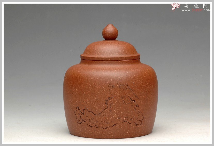 紫砂壶图片：清雅刻鸟茶叶罐 精致 可人 - 美壶网