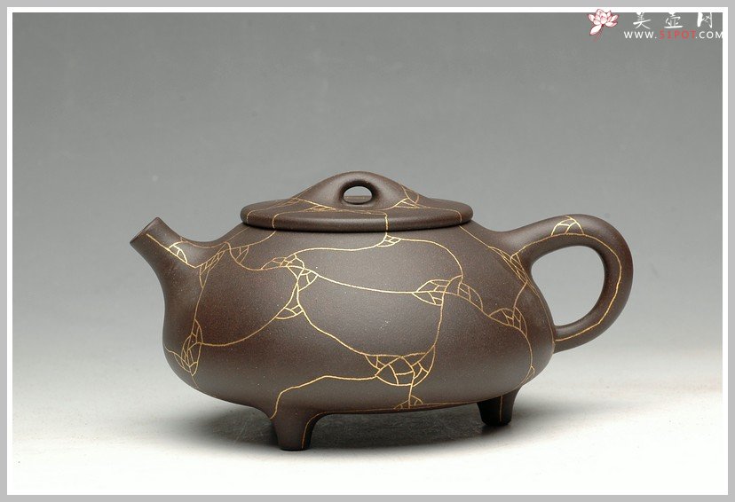 紫砂壶图片：镶纯金 另类奢华 金纹石瓢 - 美壶网