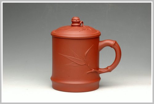 紫砂盖杯紫砂壶 圆竹杯 竹叶贴的自然 原矿清水泥