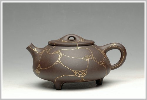 朱永忠紫砂壶 镶纯金 另类奢华 金纹石瓢 原矿黑泥