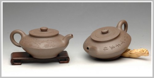 万阗阗紫砂壶 和石双刀刻绘 合璧 青灰泥