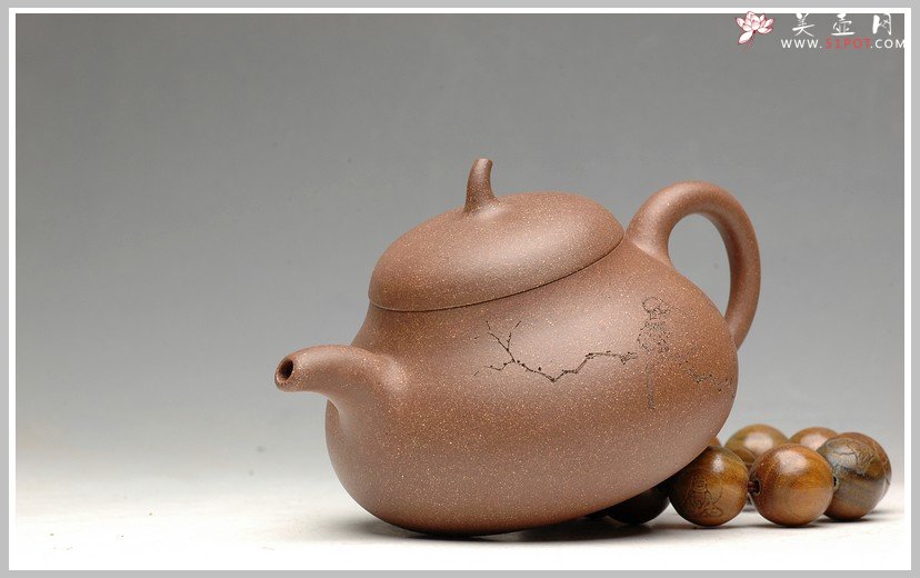 紫砂壶图片：文雅秀丽 全手刻鸟茄段 - 美壶网