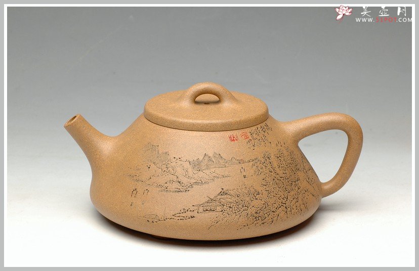 紫砂壶图片：强强联合 李彦雄通景山水 全手子冶石瓢 - 美壶网