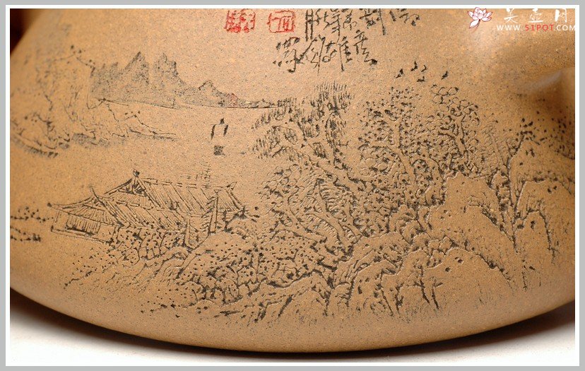 紫砂壶图片：强强联合 李彦雄通景山水 全手子冶石瓢 - 美壶网