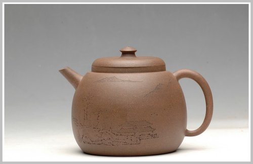 万阗阗紫砂壶 经典 拙味 全手浅刻山水龙蛋 青灰泥