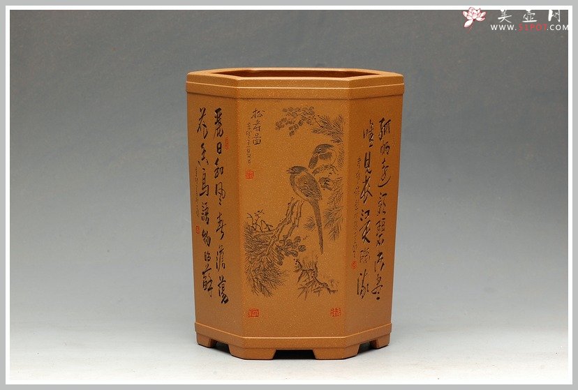 紫砂壶图片：全手工六方笔筒  李彦雄老师精心装饰 大图多细品 - 美壶网