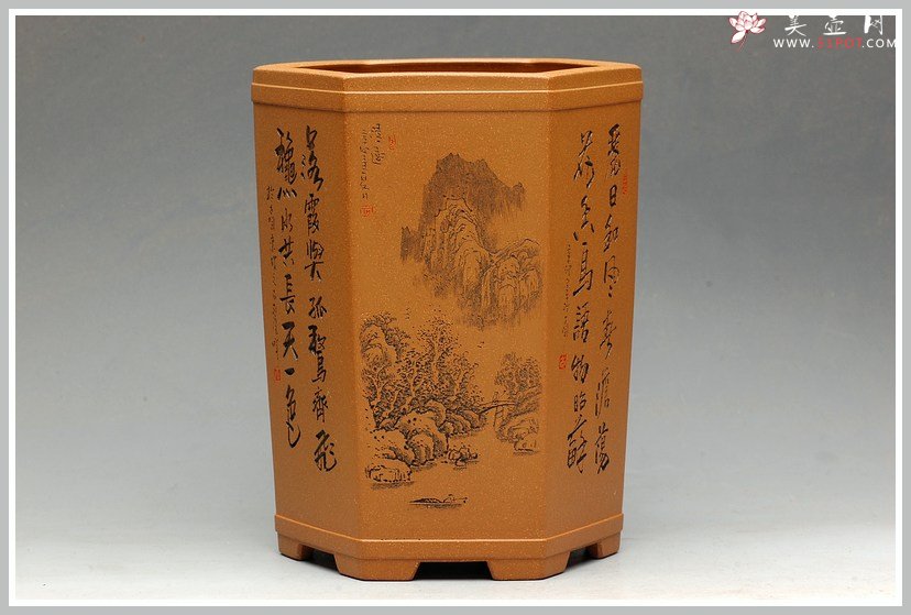 紫砂壶图片：全手工六方笔筒  李彦雄老师精心装饰 大图多细品 - 美壶网