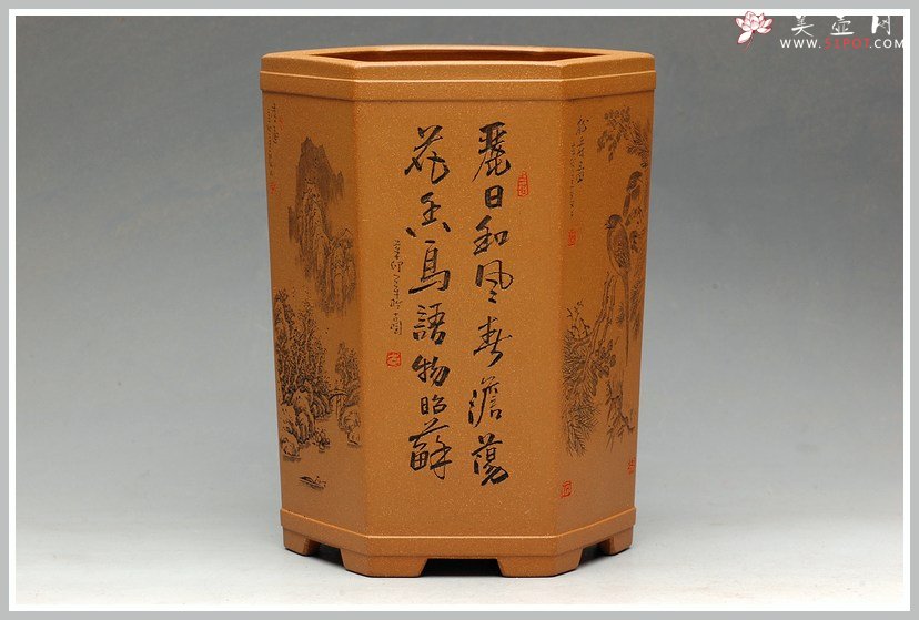 紫砂壶图片：全手工六方笔筒  李彦雄老师精心装饰 大图多细品 - 美壶网