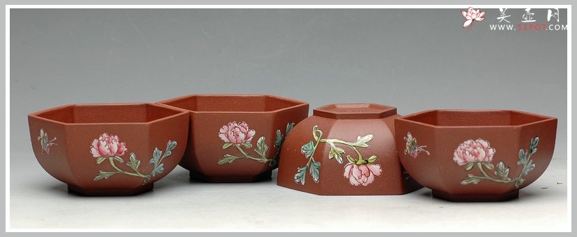 紫砂壶图片：牡丹蝴蝶 点彩 六方品茗杯 - 美壶网