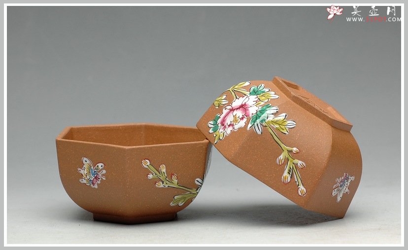 紫砂壶图片：牡丹蝴蝶 点彩 六方品茗杯 - 美壶网