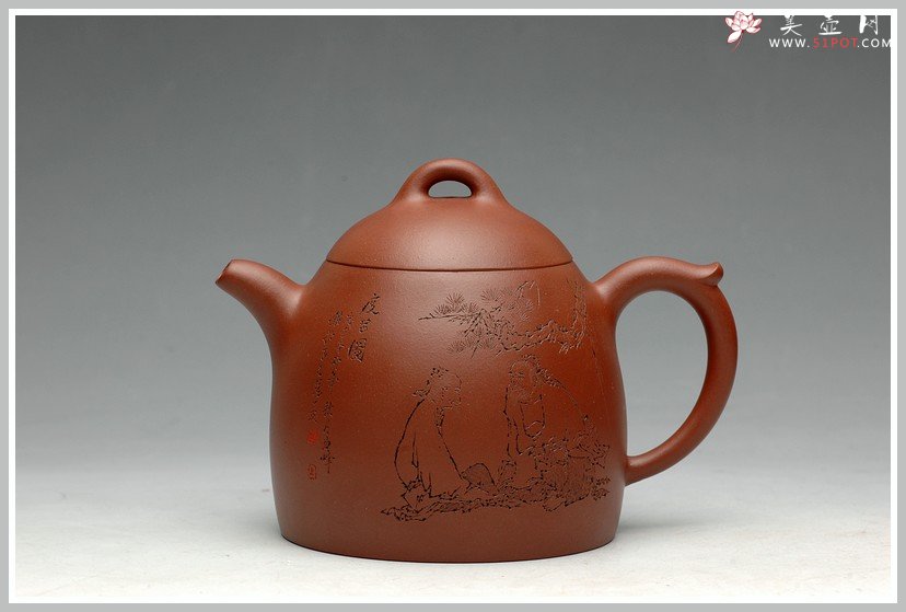 紫砂壶图片：刻绘漂亮 实用佳品 优质清水泥 顾式秦权 - 美壶网