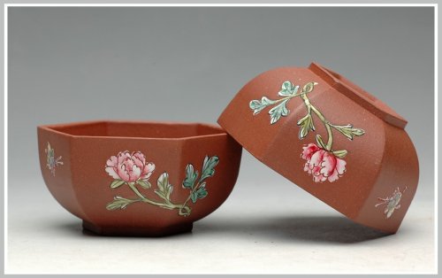 美壶定制紫砂壶 牡丹蝴蝶 点彩 六方品茗杯 